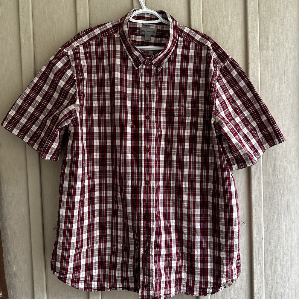 Carhartt Mens Shirt Relaxed Red Plaid 2XL Buttons Pockets Short Sleeves XXL